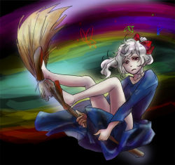 Rule 34 | .flow, 1girl, bow, broom, broom riding, bug, butterfly, colorful, hair bow, insect, long hair, looking at viewer, ponytail, red eyes, robe, sabitsuki, salvatore piko, shoes, sleepy, solo, white hair, witch
