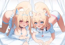 Rule 34 | 2girls, all fours, animal collar, animal ear fluff, animal ears, ass, bandaid, bandaid hair ornament, belt, bent over, black collar, blonde hair, blue eyes, blue hair, blue hairband, blush, breasts, brown thighhighs, cleavage, cleavage cutout, clothes lift, clothing cutout, collar, commentary, cropped shirt, crossed bangs, dog ears, dog girl, dog tail, double-parted bangs, dress, dress lift, fake horns, fang, fishnet thighhighs, fishnets, frilled shorts, frills, fuwawa abyssgard, fuwawa abyssgard (1st costume), hair between eyes, hair intakes, hair ornament, hairband, hairclip, headphones, headphones around neck, highres, hololive, hololive english, horns, large breasts, long hair, long sleeves, looking at viewer, lying, mococo abyssgard, mococo abyssgard (1st costume), multicolored hair, multiple girls, on back, open mouth, panties, pink belt, pink eyes, pink hair, pink hairband, rorirori (rorirori45), shirt, short dress, short hair, shorts, siblings, sisters, skin fang, spiked collar, spikes, streaked hair, t-shirt, tail, thighhighs, top-down bottom-up, twins, two side up, underwear, virtual youtuber, wedgie, white dress, white panties, white shirt, white shorts, x hair ornament