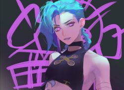 Rule 34 | 1girl, arcane: league of legends, biting own lip, blue hair, braid, flat chest, highres, jinx (league of legends), keibleh, league of legends, long hair, looking at viewer, pink eyes, purple lips, smile, solo, upper body
