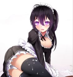 Rule 34 | 1girl, :o, ahoge, apron, ass, bad id, bad pixiv id, beifeng han, black dress, black hair, black ribbon, black thighhighs, blush, bow, breasts, cleavage, collar, detached collar, dress, food on clothes, from behind, frown, glass, glowing, gradient background, hair between eyes, hair ribbon, hairband, long sleeves, looking at viewer, looking back, maid, maid apron, md5 mismatch, medium breasts, miyaura sanshio, open mouth, original, panties, purple eyes, ribbon, side ponytail, simple background, sitting, solo, spill, spilled milk, thighhighs, thighs, tile floor, tiles, transparent, underwear, waist apron, white background, white bow, white panties, yokozuwari, zettai ryouiki