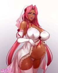 Rule 34 | 1girl, absurdres, artist name, babydoll, big belly, breasts, bridal veil, bride, cleavage, closed mouth, cowboy shot, dark-skinned female, dark skin, elbow gloves, female focus, gloves, gradient background, hair intakes, hands on own stomach, highres, ingrid (taimanin asagi), ingrid (taimanin murasaki), large breasts, lips, lipstick, long hair, looking at viewer, makeup, mole, mole under mouth, nofuture, panties, pink hair, pregnant, purple lips, signature, simple background, solo, standing, taimanin (series), thick eyebrows, thighhighs, underwear, upper body, veil, very long hair, white babydoll, white gloves, white panties, white thighhighs, yellow eyes