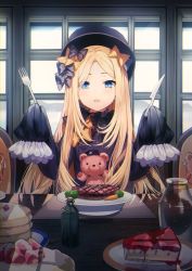 Rule 34 | 1girl, abigail williams (fate), black bow, black hat, blonde hair, blue eyes, bow, cake, dress, fate/grand order, fate (series), flesh, food, fork, fruit, hair bow, hat, highres, indoors, knife, long hair, long sleeves, looking at viewer, multiple hair bows, open mouth, orange bow, pancake, parted bangs, plate, polka dot, polka dot bow, popuru, sleeves past fingers, sleeves past wrists, solo, strawberry, stuffed animal, stuffed toy, table, teddy bear, very long hair, window, wooden table