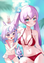 Rule 34 | 1other, 2girls, aqua eyes, ar-khey, arm at side, arm up, bikini, blurry, blurry background, blush, breasts, child, closed mouth, collarbone, cowboy shot, dot nose, eyebrows, eyelashes, feet out of frame, flat chest, flower, flower on head, hand on another&#039;s head, hand up, hyogayome (vtuber), indie virtual youtuber, kangaroo, kangaroo ears, kangaroo girl, kyria (vtuber), large breasts, lips, long hair, looking at viewer, matching hair/eyes, medium hair, multiple girls, open mouth, outdoors, pink bikini, pink hair, purple eyes, purple hair, red bikini, sitting, size difference, smile, standing, swimsuit, twintails, two-tone bikini, v, white bikini