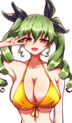 Rule 34 | 1girl, alternate breast size, anchovy (girls und panzer), bikini, black ribbon, breasts, brown eyes, cat earthen pot, cleavage, cowboy shot, drill hair, fang, frown, girls und panzer, green hair, hair ribbon, half-closed eye, head tilt, highres, large breasts, long hair, looking at viewer, open mouth, ribbon, shiny skin, simple background, skin fang, solo, standing, swimsuit, twin drills, twintails, v, white background, wide hips, yellow bikini