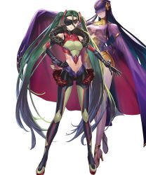Rule 34 | 2girls, black gloves, black hair, boots, breasts, cleavage, cuboon, eyepatch, female focus, fire emblem, fire emblem heroes, full body, fur trim, gloves, green hair, highres, kurono kiria, large breasts, long hair, medium breasts, midriff, multiple girls, navel, nintendo, official art, red eyes, smile, tharja (gir#fe), thighhighs, tokyo mirage sessions fe, transparent background, twintails, veil