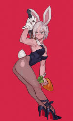 Rule 34 | 1girl, absurdres, animal ears, arm up, armpits, battle bunny riven, black footwear, black leotard, black necktie, boridongja, breasts, carrot, covered navel, cuffs, detached collar, fake animal ears, full body, gloves, grey hair, high heels, highres, large breasts, league of legends, leotard, necktie, pantyhose, playboy bunny, rabbit ears, rabbit paws, rabbit tail, red background, riven (league of legends), simple background, single glove, solo, standing, tail, torn clothes, torn pantyhose