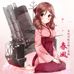 Rule 34 | 10s, 1girl, barefoot, blush, bow, brown eyes, drill hair, gradient background, hair bow, hakama, hakama skirt, harukaze (kancolle), highres, japanese clothes, japanese text, kantai collection, kimono, meiji schoolgirl uniform, okomeito, petals, red eyes, sitting, skirt, smile, solo, text focus, traditional clothes, translation request, turret, wariza