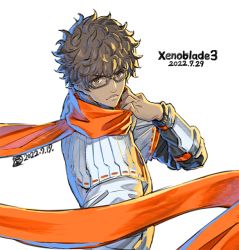 Rule 34 | 1boy, brown hair, dark-skinned male, dark skin, dated, glasses, jacket, looking at viewer, looking to the side, male focus, orange scarf, saitou masatsugu, scarf, signature, simple background, solo, taion (xenoblade), upper body, white background, white jacket, xenoblade chronicles (series), xenoblade chronicles 3