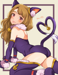 Rule 34 | all fours, animal ear fluff, animal ears, animal hands, ass, bare shoulders, bell, blush, breasts, brown eyes, cat ears, cat girl, cat tail, commentary request, elbow gloves, fur collar, gloves, hanamasa ono, highres, idolmaster, idolmaster million live!, jingle bell, leotard, light brown hair, long hair, looking at viewer, medium breasts, miyao miya, neck bell, paw gloves, simple background, solo, tail, thick eyebrows, thighhighs, thighs, tongue, tongue out, wavy hair