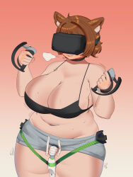 Rule 34 | 1girl, absurdres, ahoge, animal ear fluff, animal ears, black bra, bra, breasts, brown hair, choker, cleavage, commentary, controller, cowboy shot, drawstring, english commentary, fang, gradient background, green nails, grey shorts, head-mounted display, highres, hitachi magic wand, holding, holding controller, huge breasts, indie virtual youtuber, large breasts, medium hair, mint castella, navel, orange background, parted lips, plump, puff of air, sex toy, shorts, simple background, smorepi, solo, sound effects, sweat, thick arms, thick thighs, thighs, underwear, vibrator, virtual youtuber, white background, wide hips