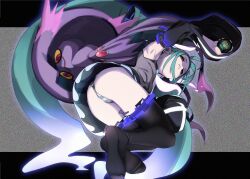 Rule 34 | 1girl, armpits, ass, bare shoulders, black sleeves, black thighhighs, blue hair, colored sclera, colored skin, creatures (company), crossover, dusk ball, film grain, from below, fu-ta, game freak, gen 2 pokemon, ghost, glowing, grey shirt, hatsune miku, holding, holding poke ball, long hair, long sleeves, looking at viewer, misdreavus, nintendo, panties, pleated skirt, poke ball, pokemon, pokemon (creature), purple skin, red eyes, shirt, skirt, static, striped clothes, striped panties, thighhighs, twintails, underwear, very long hair, vocaloid, yellow sclera