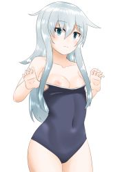 Rule 34 | 1girl, 30-06, bad id, bad pixiv id, blue eyes, blush, breasts, closed mouth, clothes pull, hair between eyes, hibiki (kancolle), highres, kantai collection, looking at viewer, nipples, one-piece swimsuit, one-piece swimsuit pull, school swimsuit, silver hair, simple background, small breasts, solo, swimsuit, thighs, underwear, white background