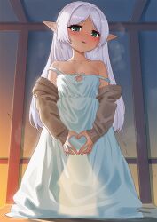 Rule 34 | 1girl, bare shoulders, blush, breasts, brown sweater, carbon12th, collarbone, dress, elf, frieren, green eyes, grey hair, long hair, long sleeves, looking at viewer, off shoulder, open mouth, parted bangs, pointy ears, small breasts, solo, sousou no frieren, sweater, white dress