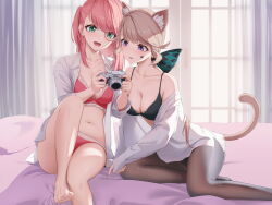 Rule 34 | 2girls, absurdres, animal ears, bare shoulders, barefoot, bow, breasts, camera, cat ears, cat girl, charlotte (genshin impact), commentary, dorsiflexion, facial mark, feet, feet out of frame, foot out of frame, genshin impact, highres, holding, holding camera, kaeru (821487413), knee up, long hair, long sleeves, lynette (genshin impact), medium hair, monocle, multiple girls, nail polish, open mouth, pink hair, purple eyes, short hair, small breasts, star (symbol), star facial mark, thighs, toenail polish, toenails, toes, underwear