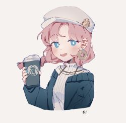 Rule 34 | 1girl, alternate costume, arknights, blue eyes, blue jacket, blue nails, blue poison (arknights), blue poison (shoal beat) (arknights), blush, braid, commentary, cropped torso, cup, earrings, english commentary, grey background, highres, holding, holding cup, jacket, jewelry, long sleeves, looking at viewer, low twin braids, nail polish, open clothes, open jacket, open mouth, rhodes island logo (arknights), ruri (dailybloopy), shirt, simple background, solo, teeth, twin braids, upper body, upper teeth only, white shirt
