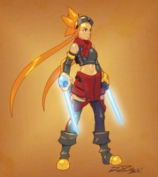Rule 34 | 1girl, alternate costume, arm blade, armor, bare shoulders, black thighhighs, boots, bracer, breastplate, cryamore, cryamore condenser, dual wielding, elbow gloves, energy blade, esmyrelda maximus, freckles, gloves, goggles, goggles on head, highres, holding, long hair, matching hair/eyes, midriff, navel, orange eyes, orange hair, overalls, robaato, scarf, shorts, sidelocks, signature, solo, spiked hair, striped clothes, striped thighhighs, thighhighs, vertical-striped clothes, vertical-striped thighhighs, weapon