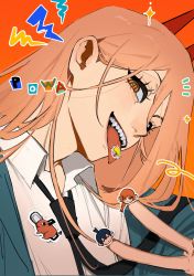 Rule 34 | 1girl, absurdres, black necktie, blue jacket, chainsaw man, character name, character print, collared shirt, cross-shaped pupils, crosshair pupils, demon horns, denji (chainsaw man), from side, hair between eyes, hand up, hayakawa aki, head tilt, highres, horns, jacket, li chestnuts, long hair, looking at viewer, makima (chainsaw man), necktie, notice lines, open mouth, orange background, orange eyes, orange hair, pochita (chainsaw man), portrait, power (chainsaw man), red horns, sharp teeth, shirt, simple background, smile, solo, sparkle, sticker, symbol-shaped pupils, teeth, tongue, tongue out, v, white shirt