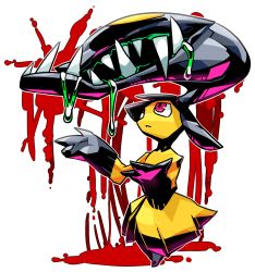 Rule 34 | arms up, blood, creature, creatures (company), extra mouth, fangs, game freak, gen 3 pokemon, highres, looking up, mawile, monster, nintendo, no humans, pokemon, pokemon (creature), red eyes, saliva, sido (slipknot), simple background, slime (substance), solo, standing, white background