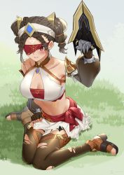Rule 34 | 1girl, bandeau, bare shoulders, black hair, black thighhighs, blindfold, braid, breasts, clenched teeth, collarbone, commentary request, crop top, dagger, eremite desert clearwater (genshin impact), facial mark, fingerless gloves, forehead mark, genshin impact, gloves, grass, hairband, highres, holding, holding weapon, jamadhar, knife, large breasts, linreplica, looking at viewer, midriff, miniskirt, red eyes, red sash, sandals, sash, shirt, short hair, sitting, skirt, skirt set, sleeveless, sleeveless shirt, solo, stomach, tears, teeth, thighhighs, thighs, torn clothes, torn thighhighs, twintails, wariza, weapon, white hairband, white shirt, white skirt