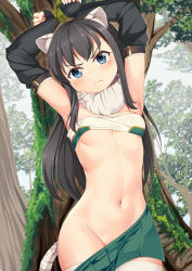 Rule 34 | 1girl, animal ear fluff, animal ears, armpits, arms up, asashio (kancolle), black hair, blue eyes, blush, bound, breasts, clothes pull, commentary request, cosplay, day, detached sleeves, fur collar, gloves, green skirt, groin, highres, kantai collection, kemonomimi mode, long hair, looking at viewer, mixed-language commentary, navel, outdoors, princess connect!, pussy, pussy peek, restrained, shiori (princess connect!), shiori (princess connect!) (cosplay), skirt, skirt pull, small breasts, solo, split mouth, striped tail, tail, thighhighs, tiger ears, tiger girl, tiger tail, tree, underboob, underwear, yasume yukito