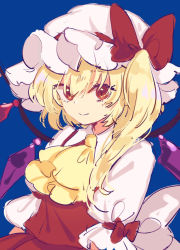Rule 34 | arm ribbon, arms at sides, ascot, blonde hair, blue background, bow, closed mouth, commentary, crystal, flandre scarlet, hair between eyes, hat, hat bow, looking at viewer, medium hair, mob cap, one side up, orange eyes, red bow, red ribbon, red skirt, red vest, ribbon, simple background, sketch, skirt, skirt set, smile, solo, tomobe kinuko, touhou, upper body, vest, white hat, white sleeves, wings, yellow ascot