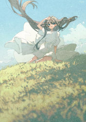 Rule 34 | 1girl, arm support, blue eyes, blue sky, brown hair, cloud, commentary, day, dress, floating hair, grass, hand up, highres, long hair, original, outdoors, parted lips, potg (piotegu), short sleeves, sitting, sky, solo, very long hair, white dress