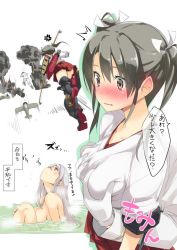 Rule 34 | 10s, 1boy, 2girls, admiral (kancolle), aircraft, airplane, anger vein, angry, bathing, blush, bow (weapon), explosion, gintarou (kurousagi108), gloves, grabbing, grabbing another&#039;s breast, grabbing from behind, hair ribbon, japanese clothes, kantai collection, mixed-sex bathing, multiple girls, nose blush, ribbon, shared bathing, shoukaku (kancolle), translation request, twintails, two side up, weapon, white gloves, zuikaku (kancolle)