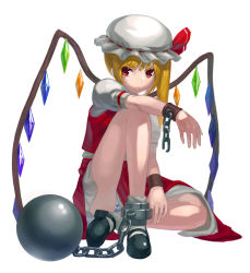Rule 34 | 1girl, bad id, bad pixiv id, ball and chain restraint, bdsm, blonde hair, bondage, bound, broken, broken chain, chain, cuffs, flandre scarlet, full body, hat, kfr, long hair, mary janes, panties, pantyshot, shackles, shoes, side ponytail, simple background, sitting, solo, striped clothes, striped panties, touhou, underwear, white background, wings