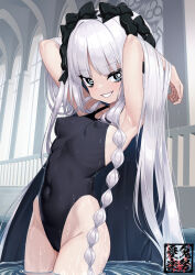 Rule 34 | 1girl, armpits, arms up, black bow, black one-piece swimsuit, blue eyes, blue hair, bow, braid, breasts, censored, colored inner hair, commentary request, covered erect nipples, covered navel, fate/strange fake, fate (series), francesca prelati (fate), grin, hair bow, highres, kido airaku, long hair, looking at viewer, mosaic censoring, multicolored hair, multiple hair bows, navel, one-piece swimsuit, small breasts, smile, solo, stomach, swimsuit, two-tone hair, very long hair, wading, white hair