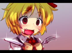 Rule 34 | 1girl, black dress, blonde hair, blood, blood on clothes, blood on face, bloody knife, chibi, dress, embodiment of scarlet devil, fang, female focus, fork, hair ribbon, knife, letterboxed, open mouth, red eyes, red star (toranecomet), ribbon, rumia, shirt, short hair, smile, solo, touhou