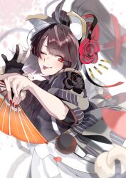 Rule 34 | 1girl, absurdres, ahoge, animal ears, brown hair, dog ears, fate/grand order, fate (series), flower, folding fan, gloves, hair flower, hair ornament, hand fan, highres, japanese clothes, kimono, kyokutei bakin (fate), long hair, one eye closed, partially fingerless gloves, ponytail, red eyes, red nails, shot (shot0598), single glove, tongue, tongue out