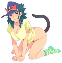 Rule 34 | 1girl, all fours, animal ears, blush, breasts, breasts squeezed together, cat ears, cat tail, cleavage, closed mouth, earrings, embarrassed, fake animal ears, full body, genderswap, genderswap (mtf), green eyes, green hair, hat, jewelry, jojo no kimyou na bouken, kemonomimi mode, kotatsu (g-rough), kuujou joutarou, large breasts, long hair, looking at viewer, naked shirt, peaked cap, purple hat, shirt, short sleeves, simple background, single sock, socks, solo, stardust crusaders, stud earrings, tail, v arms, white background, yellow shirt