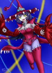 Rule 34 | absurdres, appmon, claws, digimon, hat, highres, long hair, pointy ears, purple hair, warudamon, witch hat, yellow eyes