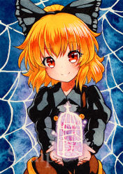 Rule 34 | 1girl, bad id, bad pixiv id, birdcage, black bow, blonde hair, bow, cage, closed mouth, hair bow, holding, juliet sleeves, kurodani yamame, long sleeves, looking at viewer, puffy sleeves, qqqrinkappp, red eyes, sample watermark, short hair, silk, smile, solo, spider web, touhou, traditional media, watermark