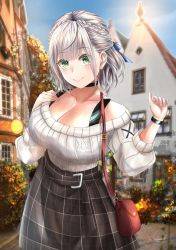 Rule 34 | 1girl, bag, blush, breasts, cleavage, collarbone, commentary request, green eyes, handbag, highres, hololive, large breasts, looking at viewer, nakura haru, outdoors, plaid, plaid skirt, ribbed sweater, shirogane noel, shirogane noel (casual), short hair, signature, silver hair, skirt, smile, solo, sweater, virtual youtuber, white sweater