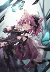 Rule 34 | 1girl, animal ears, arknights, black dress, black hat, blue butterfly, bug, butterfly, commentary request, dress, fox ears, fox girl, fox tail, hat, highres, insect, long hair, looking at viewer, mini hat, nail polish, official alternate costume, pink eyes, pink hair, pink nails, saiko (saisaka), shamare (arknights), shamare (echo of the horrorlair) (arknights), smile, solo, tail, tilted headwear