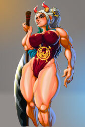 Rule 34 | 1girl, alternate costume, ass, axe, breasts, curvy, female focus, gold, highres, horns, large breasts, multicolored hair, muscular, muscular arms, muscular female, muscular legs, one piece, orange eyes, ornament, solo, sword, thick thighs, thighs, weapon, wide hips, yamato (one piece)