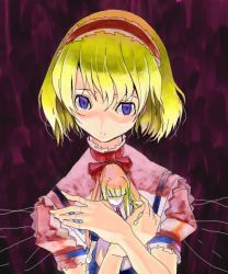 Rule 34 | 1girl, alice margatroid, blonde hair, blue eyes, crossed arms, doll, faceless, female focus, frills, hairband, looking at viewer, oekaki, puffy short sleeves, puffy sleeves, shaded face, shanghai doll, short hair, short sleeves, solo, suspenders, touhou