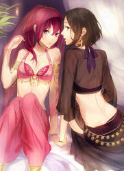 Rule 34 | 10s, 2girls, amakata miho, arabian clothes, arm support, armlet, bad id, bad pixiv id, bangle, bed sheet, bra, bracelet, brown eyes, brown hair, curtains, ear ornament, free!, harem outfit, harem pants, jewelry, leaf, long hair, looking at viewer, matsuoka gou, multiple girls, open mouth, pants, ponytail, red bra, red eyes, red hair, see-through, shirosaki (233144), short hair, sitting, underwear, veil, yuri