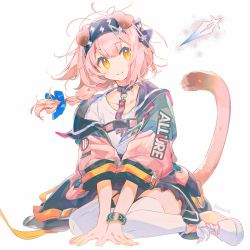 Rule 34 | 1girl, animal ears, arknights, artist name, black collar, black hairband, blue bow, blue jacket, bow, braid, cat ears, cat girl, cat tail, clothes writing, collar, commentary, floppy ears, goldenglow (arknights), hair bow, hair ornament, hairband, hairclip, id card, infection monitor (arknights), jacket, long hair, looking at viewer, multicolored clothes, multicolored jacket, namie-kun, pink hair, pink jacket, shirt, shoes, simple background, sitting, smile, solo, symbol-only commentary, tail, tail raised, thighhighs, two-tone jacket, wariza, white background, white footwear, white shirt, white thighhighs, yellow eyes