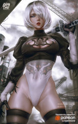 Rule 34 | 1girl, artist logo, artist name, black hairband, blue eyes, boots, breasts, cleavage, cleavage cutout, clothing cutout, cloud, cloudy sky, covered navel, deviant, feather-trimmed sleeves, gloves, hair over one eye, hairband, highleg, highleg leotard, highres, juliet sleeves, katana, leotard, logan cure, long sleeves, looking at viewer, medium breasts, mole, mole under mouth, nier (series), nier:automata, no blindfold, outdoors, parted lips, patreon logo, patreon username, puffy sleeves, realistic, shiny skin, short hair, silver hair, sky, solo, sword, thigh boots, thighhighs, watermark, weapon, white leotard, 2b (nier:automata)