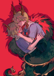 Rule 34 | 2girls, absurdres, blonde hair, blue shirt, dragon horns, dragon tail, dual persona, green skirt, highres, horns, kicchou yachie, multiple girls, open mouth, pleated skirt, red background, red eyes, shirt, short hair, short sleeves, simple background, skirt, tail, tokinhr, tongue, tongue out, touhou, turtle shell, yellow eyes, yellow horns