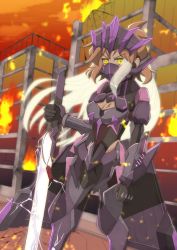 Rule 34 | armor, breasts, brown hair, cleavage, covered mouth, destruction, fire, headgear, headphones, highres, holding, holding sword, holding weapon, long hair, medium breasts, mi-cera, scar, scar on chest, senki zesshou symphogear, senki zesshou symphogear xd unlimited, sword, tachibana hibiki (symphogear), tachibana hibiki (symphogear) (another), translucent hair, weapon