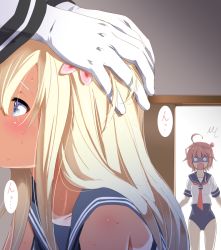 Rule 34 | 10s, 1boy, 2girls, ^^^, admiral (kancolle), bare shoulders, blonde hair, blue eyes, blue one-piece swimsuit, blush, close-up, commentary request, dark skin, door, empty eyes, flower, food, from side, gloves, hair between eyes, hair flower, hair ornament, hairband, hands on another&#039;s head, hetero, hibiscus, i-58 (kancolle), implied fellatio, indoors, kantai collection, legs apart, long hair, long sleeves, multiple girls, mushi gyouza, o o, one-piece swimsuit, out-of-frame censoring, profile, rectangular mouth, revision, ro-500 (kancolle), sexually suggestive, shaded face, shirt, sleeve cuffs, sleeveless, sleeveless shirt, standing, surprised, sweat, sweatdrop, swimsuit, swimsuit under clothes, tan, tanline, tareme, translation request, turn pale, umaibou, walk-in, white gloves, white shirt
