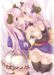 Rule 34 | 10s, 2girls, alternate costume, ass, bare shoulders, black gloves, black legwear, bottomless, breasts, cleavage, elbow gloves, gloves, granblue fantasy, hair over one eye, highres, holding hands, horns, large breasts, long hair, multiple girls, narmaya (granblue fantasy), no panties, pink hair, pointy ears, thighhighs, thighs, thomasz
