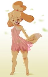 Rule 34 | 1girl, animal crossing, animal ears, animal hands, arm up, artist name, bare shoulders, barefoot, bell, blonde hair, blush, breasts, closed eyes, coffeechicken, dog ears, dog girl, dog tail, dress, fang, female focus, floral print, full body, furry, furry female, gradient background, hair bell, hair ornament, hair tie, happy, highres, isabelle (animal crossing), jingle bell, leaf, medium breasts, nintendo, off shoulder, open mouth, pink dress, see-through, short hair, simple background, sleeveless, sleeveless dress, smile, solo, spaghetti strap, standing, strap slip, tail, teeth, tongue, topknot, yellow background
