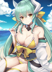 Rule 34 | 1girl, bad id, bad pixiv id, bare shoulders, beach, bikini, blue sky, blush, bow, breasts, cleavage, closed mouth, collarbone, day, detached collar, dragon girl, dragon horns, fate/grand order, fate (series), green hair, horns, japanese clothes, kimono, kiyohime (fate), kiyohime (fate/grand order), kiyohime (swimsuit lancer) (fate), kiyohime (swimsuit lancer) (first ascension) (fate), large breasts, long hair, looking at viewer, navel, obi, ocean, sash, sidelocks, sky, smile, solo, strap pull, swimsuit, thighs, twintails, white kimono, white legwear, yellow bikini, yellow bow, yellow eyes, yuzu-aki