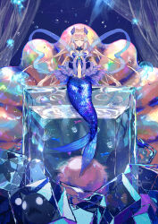 Rule 34 | 1girl, absurdres, air bubble, bare shoulders, blunt bangs, bubble, choker, closed eyes, collarbone, commentary request, detached sleeves, fish, frilled choker, frills, full body, genshin impact, gloves, gradient hair, hair ornament, highres, ice, ice cube, long hair, low twintails, mermaid, midriff, monster girl, monsterification, multicolored hair, navel, nontraditional miko, own hands together, parted lips, pink hair, sangonomiya kokomi, scales, shawl, sidelocks, sitting, solo, twintails, two-tone hair, underwater, vision (genshin impact), white gloves, wide sleeves, you cao xi