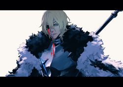 Rule 34 | 1boy, armor, black cape, bleeding, blonde hair, blood, blood on clothes, blood on face, blue eyes, breastplate, cape, dimitri alexandre blaiddyd, eyepatch, fire emblem, fire emblem: three houses, highres, letterboxed, looking at viewer, male focus, manly, medium hair, multicolored cape, multicolored clothes, nintendo, ogata tomio, one eye covered, open mouth, polearm, simple background, solo, upper body, weapon, white background, white cape