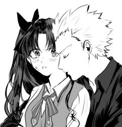 Rule 34 | 1boy, 1girl, archer (fate), black bow, black hair, black shirt, blush, bow, bowtie, closed eyes, collar, collared shirt, commentary request, couple, embarrassed, fate/stay night, fate (series), from side, greyscale, hair bow, hetero, long hair, looking at viewer, monochrome, parted bangs, parted lips, shimatori (sanyyyy), shirt, simple background, spiked hair, sweat, tohsaka rin, twintails, upper body, vest, white background, white hair, white shirt